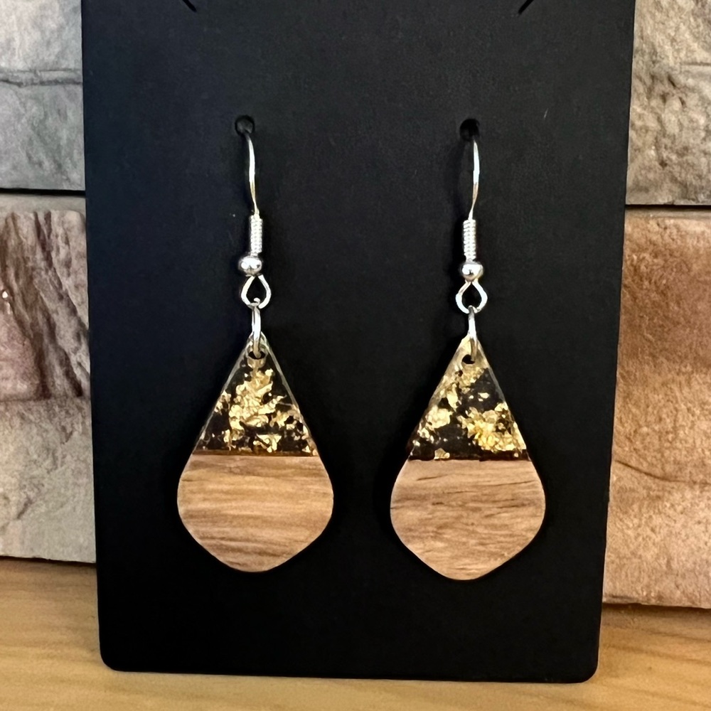 Wooden and gold flake resin teardrop earrings